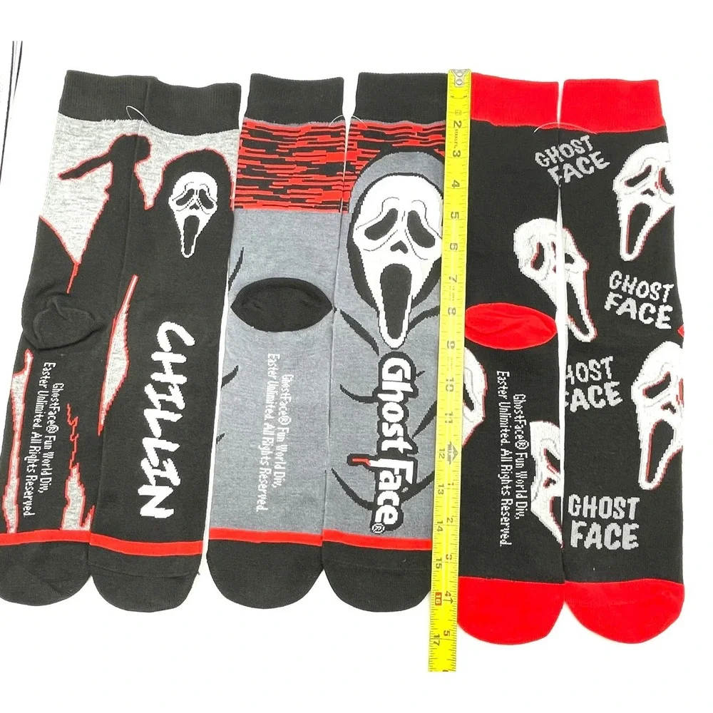 NEW Ghost Face Scream Crew Socks Lot 3 Pairs Fun World Horror Black Red Gray